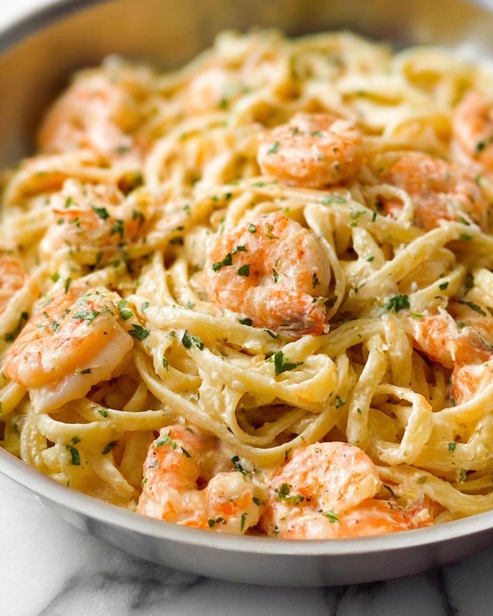 A close-up view of a white bowl filled with creamy pasta and shrimp. The pasta is light yellow, smooth, and slightly thick, twisted and layered throughout the bowl. Pinkish-orange shrimp are mixed evenly, some nestled inside the pasta loops. Small green herb pieces are sprinkled all over the dish, adding specks of bright green color. The creamy sauce gives the pasta a shiny and smooth texture. The bowl sits on a white marbled surface. photo taken with an iphone --ar 4:5 --v 7