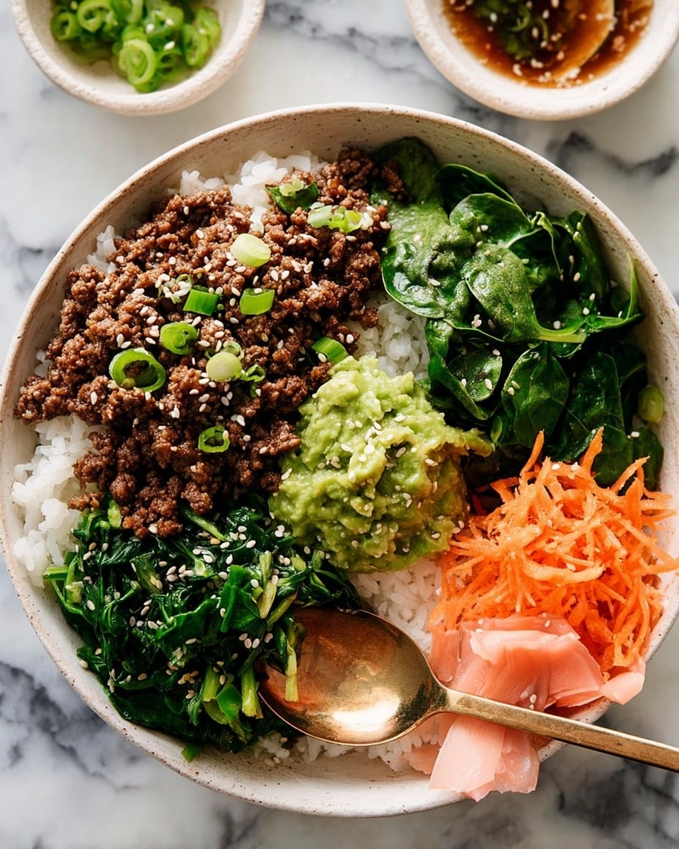 A white bowl with four main layers is shown. The bottom layer is white rice; on top of the rice is a layer of cooked ground meat sprinkled with white sesame seeds and small green onion slices. To the side of the meat, there is a heap of bright green cooked spinach and a small pile of green guacamole next to thinly shredded orange carrots. There are also fresh green leafy spinach and a small amount of pale pink pickled ginger placed near the edge. A white bowl with sauce and a small spoon is seen in the upper right corner on a white marbled surface. A woman's hand holds a golden spoon inside the bowl with the food photo taken with an iphone --ar 4:5 --v 7