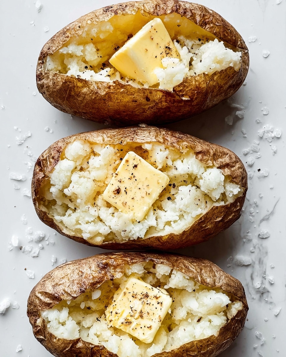 Three baked potatoes are placed on a white marbled surface in a vertical row. Each potato is opened in the middle, showing the soft, crumbly white inside. On top of the potato filling is a square piece of melting yellow butter sprinkled with black pepper. The potato skin is brown and slightly rough with some salt crystals resting on it and the surface around them. The texture contrasts between the firm skin outside and the soft, fluffy inside. Photo taken with an iphone --ar 4:5 --v 7