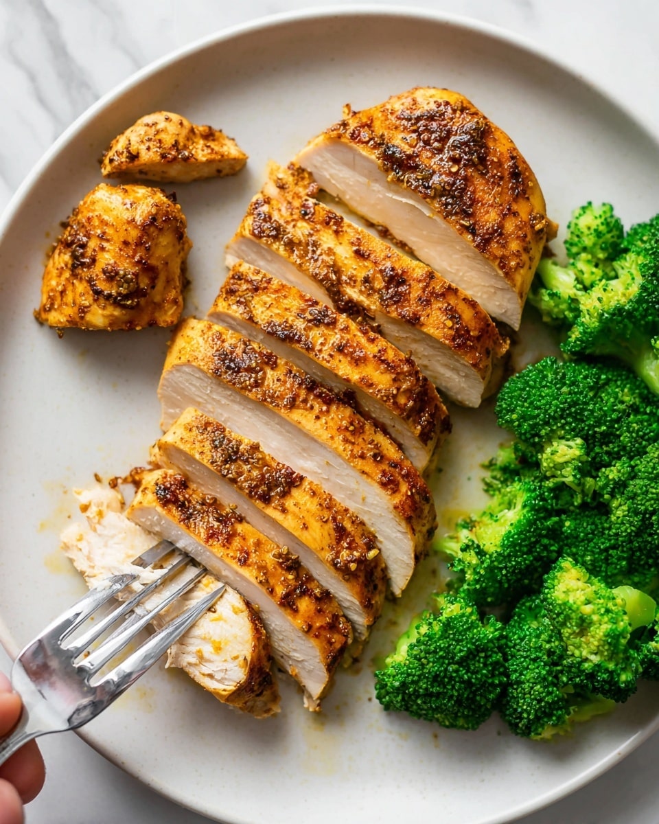 The image shows a white plate with one piece of sliced cooked chicken breast in the center, laid out in five thick slices with a golden-brown seasoned crust on top and juicy white meat inside. Near the top left, there are two small chicken pieces with the same golden seasoning. On the right side of the plate, there are several bright green broccoli florets placed close together. At the bottom left, a woman's hand is holding a fork that is piercing a thick piece of chicken. The plate sits on a white marbled surface. photo taken with an iphone --ar 4:5 --v 7