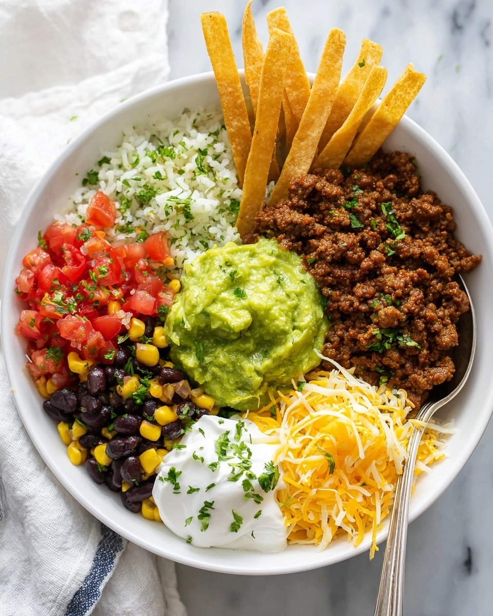A white bowl with seven different layers: on the top right, three long crispy golden tortilla strips rest above a bed of white rice mixed with green herbs; next to the rice is a portion of brown cooked ground meat with small green herb pieces mixed in; in the center is a scoop of light green guacamole with a smooth but chunky texture; on the top left are black beans mixed with yellow corn and small green bell pepper pieces; below the beans is a white dollop of sour cream; to the left of the sour cream are bright red chopped tomatoes sprinkled with green herbs; finally, at the bottom left are shredded yellow and white cheese strands. A silver spoon rests near the meat inside the bowl, and the background is a white marbled surface with a cloth visible near the top edge. Photo taken with an iphone --ar 4:5 --v 7