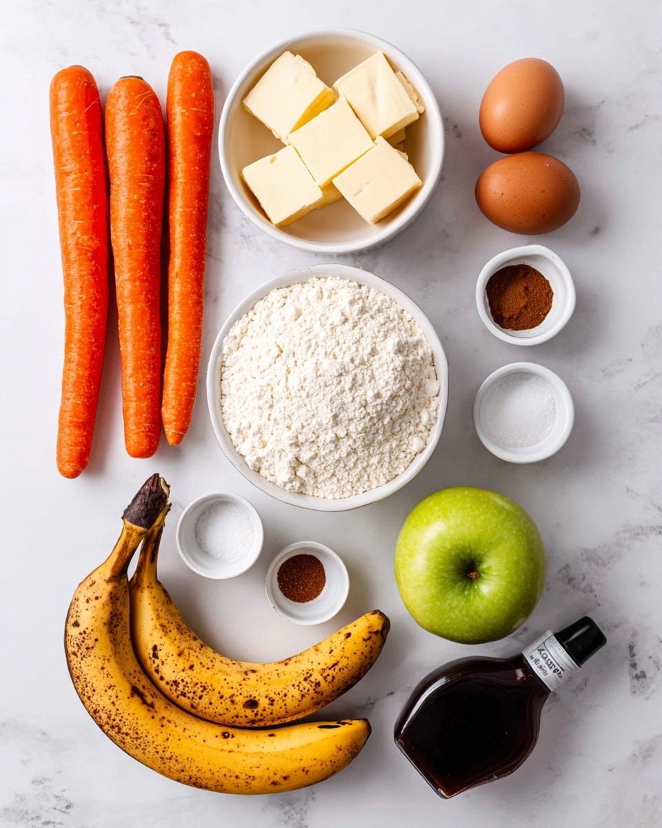 The image shows a flat lay of fresh baking ingredients arranged neatly on a white marbled surface. There are three bright orange carrots with textured skin placed vertically on the left side. Above them, a white bowl holds four blocks of pale yellow butter. Two smooth brown eggs sit side by side near the top center. To the right of the eggs is a full white bowl filled with white flour, textured with small lumps. Near the bowl is a bright green apple with a shiny, smooth surface. Below the apple, two ripe bananas with brown spots cover most of their yellow skin, lying side by side. To the right of the bananas is a small dark brown bottle with a black cap. Several small white bowls are placed around these main items holding white salt, white baking soda, white powdered ingredient, brown cinnamon powder, and a dark brown liquid sauce. The whole scene is bright and clean. photo taken with an iphone --ar 4:5 --v 7