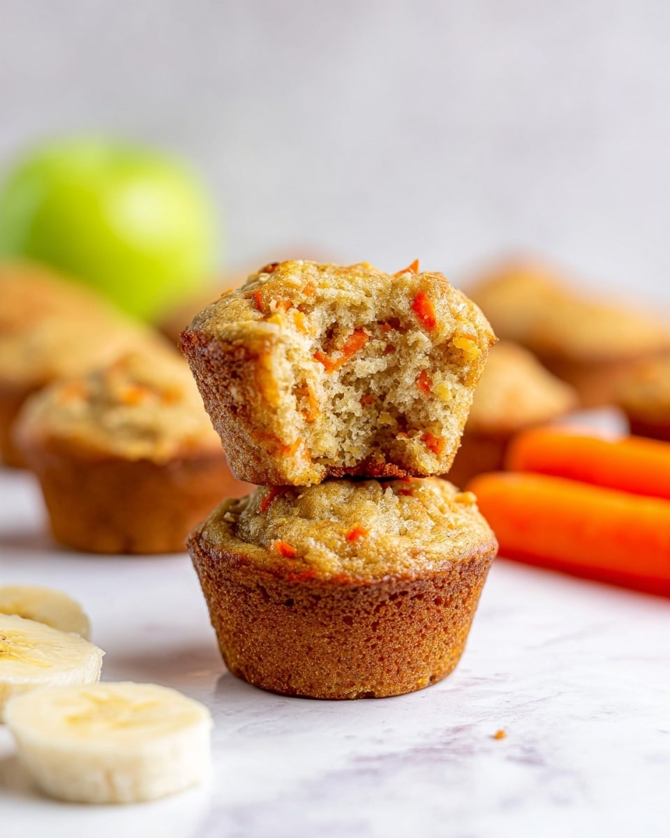 The image shows two small muffins stacked in the center on a white marbled surface, with the top muffin partially eaten to reveal its soft, moist interior filled with orange carrot bits and light brown crumbs. Surrounding the stack are other whole muffins blurred in the background. Thin slices of banana lay in the front left corner, and in the background on the right side, there are two orange carrots next to a bright green apple, all slightly out of focus. The overall scene is bright and clean, focusing on the texture and color contrast of the muffins and fruit. photo taken with an iphone --ar 4:5 --v 7