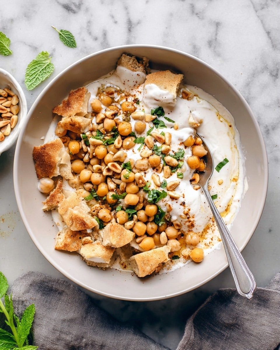 A white bowl holds a layered dish starting with pieces of toasted flatbread broken into rough chunks, spread around the bowl. On top, there is a creamy white sauce with a smooth texture covering some of the flatbread. Scattered over the sauce and bread are round, light tan chickpeas, giving a soft and plump look. Toasted pine nuts with a golden brown color are sprinkled on top, adding a crunchy texture. Small pieces of fresh green herbs are scattered across the dish, adding a touch of color. A silver spoon rests inside the bowl on the right side. The bowl is placed on a white marbled surface with a few green leaves and a grey linen cloth nearby. Photo taken with an iphone --ar 4:5 --v 7