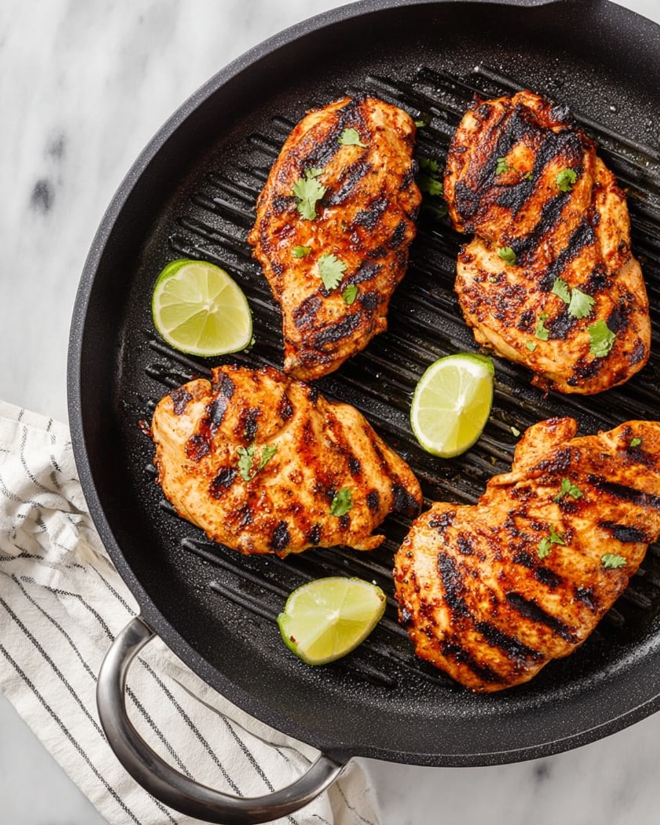 A black round grill pan holds four pieces of grilled chicken, each with clear dark grill marks and a golden-brown, slightly charred surface. The chicken pieces are scattered with small green cilantro leaves. There are four lime wedges placed between the chicken pieces on the pan. The pan has two black handles, and it rests on a white marbled surface with a white cloth that has black stripes next to it. The scene shows close-up detail of the chicken texture and grill pan ridges. photo taken with an iphone --ar 4:5 --v 7