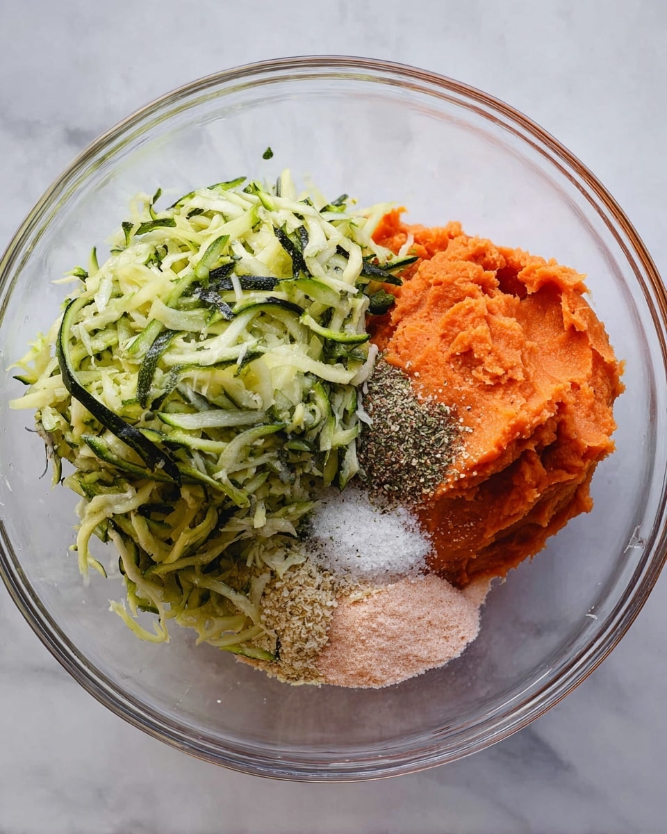A clear glass bowl sitting on a white marbled surface holds four main layers of ingredients. On the left side, there is a large mound of shredded green zucchini with thin dark green edges, showing a fresh and slightly wet texture. To the right of the zucchini is a large scoop of smooth, bright orange mashed sweet potato. On top of the sweet potato, there are three smaller piles of dry ingredients: a white powder that looks like flour, a light pink salt, and a beige breadcrumb-like substance, with a small pile of coarse black pepper sitting between the pink salt and breadcrumbs. The layers are clearly separated and the lighting is soft and natural, highlighting the fresh and mixed textures. Photo taken with an iphone --ar 4:5 --v 7