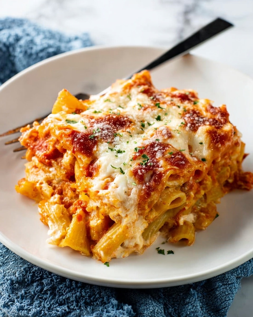 This image shows a white plate holding a layered pasta dish with three main layers: the bottom layer has yellowish pasta mixed with a chunky red tomato sauce, the middle layer is creamy white melted cheese partially covering the pasta, and the top layer includes golden-brown baked cheese with some crispy spots and melted cheese strands linking the layers. The dish is sprinkled with small green herb bits and topped with a light dusting of finely grated light yellow cheese. A fork with a black handle rests on the edge of the plate, all placed on a white marbled surface with a blue textured cloth partially visible nearby. Photo taken with an iphone --ar 4:5 --v 7