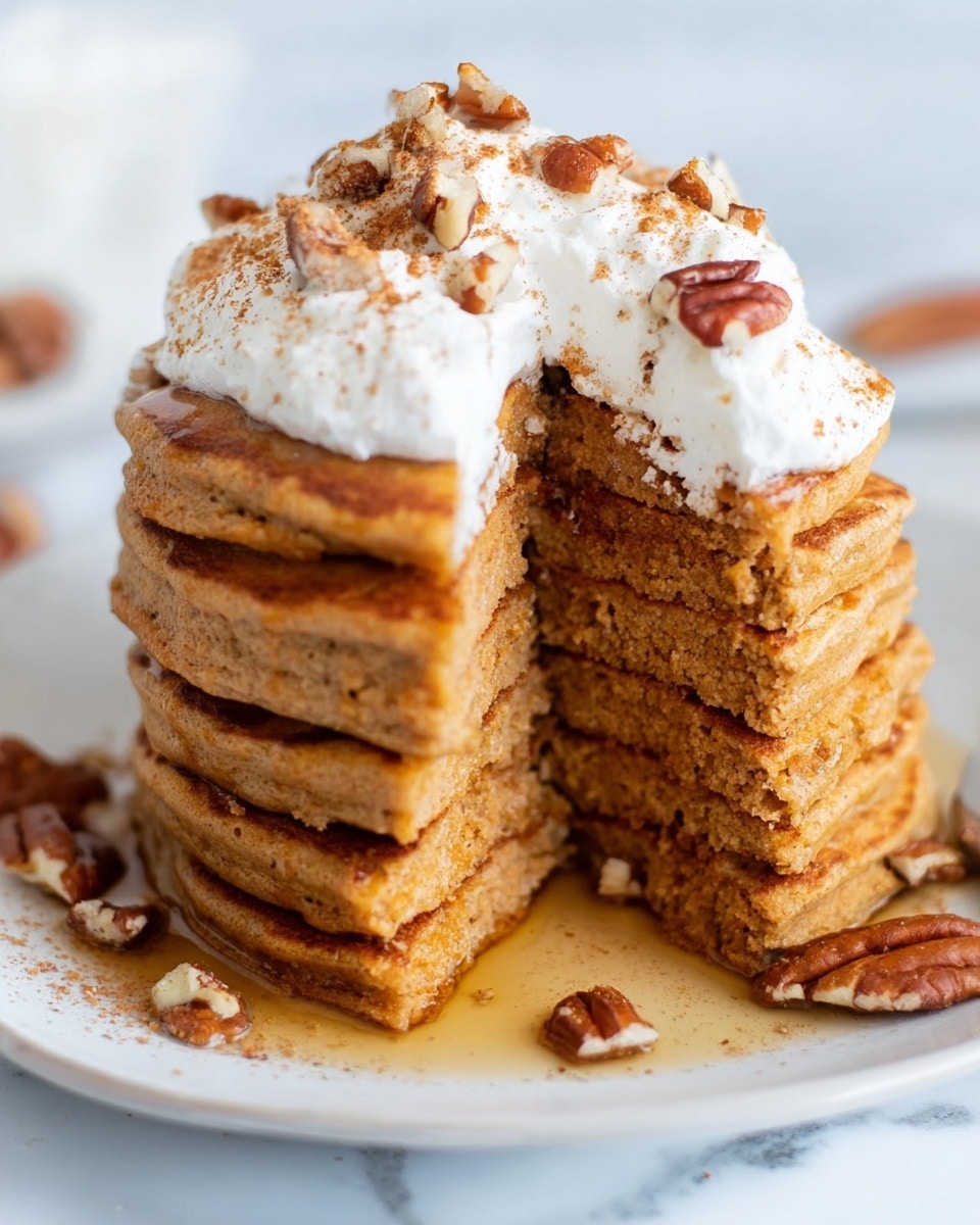 A tall stack of eight thick pancakes in light brown color with a soft, fluffy texture, displayed on a white plate, each pancake showing slight uneven edges. The stack is topped with a large dollop of white whipped cream sprinkled lightly with cinnamon powder and scattered small caramelized pecan pieces. Around the base of the stack on the plate, there are a few more pecan pieces and a thin layer of syrup pooling. A wedge is taken out from the front of the pancakes, showing the moist, dense inside layers. The background is a clean white marbled texture. photo taken with an iphone --ar 4:5 --v 7