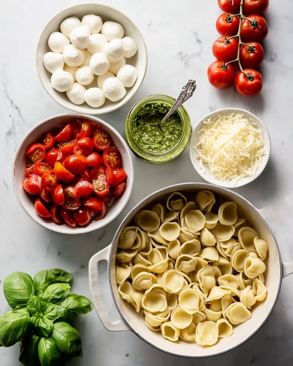 The image shows a white pot filled with cooked orecchiette pasta, with its round, cup-like shapes and pale cream color. To the left, there is a white bowl filled with halved cherry tomatoes that are bright red. Above this is another white bowl containing small, round mozzarella balls in a creamy white shade. Next to the mozzarella is a small white bowl with grated Parmesan cheese that looks light yellow. At the top center is a small glass jar of green pesto sauce, with a silver spoon inside. In the top right corner are bright red cherry tomatoes still on the vine. A bunch of fresh green basil leaves is placed at the bottom left of the frame. The whole setup rests on a white marbled surface. photo taken with an iphone --ar 4:5 --v 7