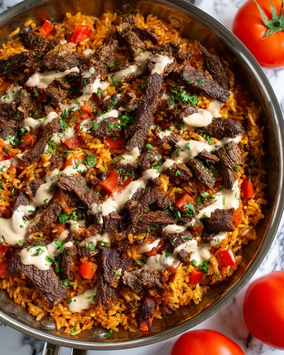 A close-up view of a pan filled with a dish showing two main layers: the bottom layer is orange rice mixed with small chunks of red tomatoes, providing a soft and slightly moist texture; the top layer consists of dark brown, thinly sliced cooked beef scattered unevenly across the rice, some pieces curled and others flat; drizzled over everything is a light beige creamy sauce with a smooth texture, adding contrast to the rich colors; small green herb bits are sprinkled on top, giving a fresh touch; the pan has a silver rim and handle, and the whole scene is placed on a white marbled surface with two red tomatoes on the side photo taken with an iphone --ar 4:5 --v 7