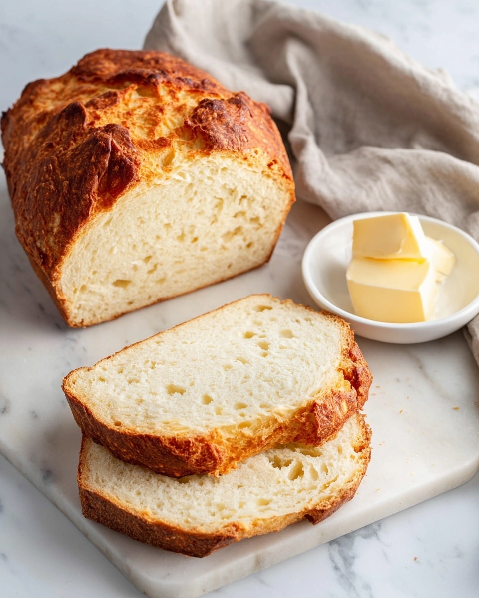 A loaf of golden brown bread with a textured, crispy crust is placed on a white marbled surface, next to three thick slices showing a soft, light cream inside with small air holes and a slightly darker crust edge. To the right, a small white bowl holds three smooth, pale yellow butter squares. In the background, a wrinkled light gray cloth adds a soft contrast to the scene. photo taken with an iphone --ar 4:5 --v 7