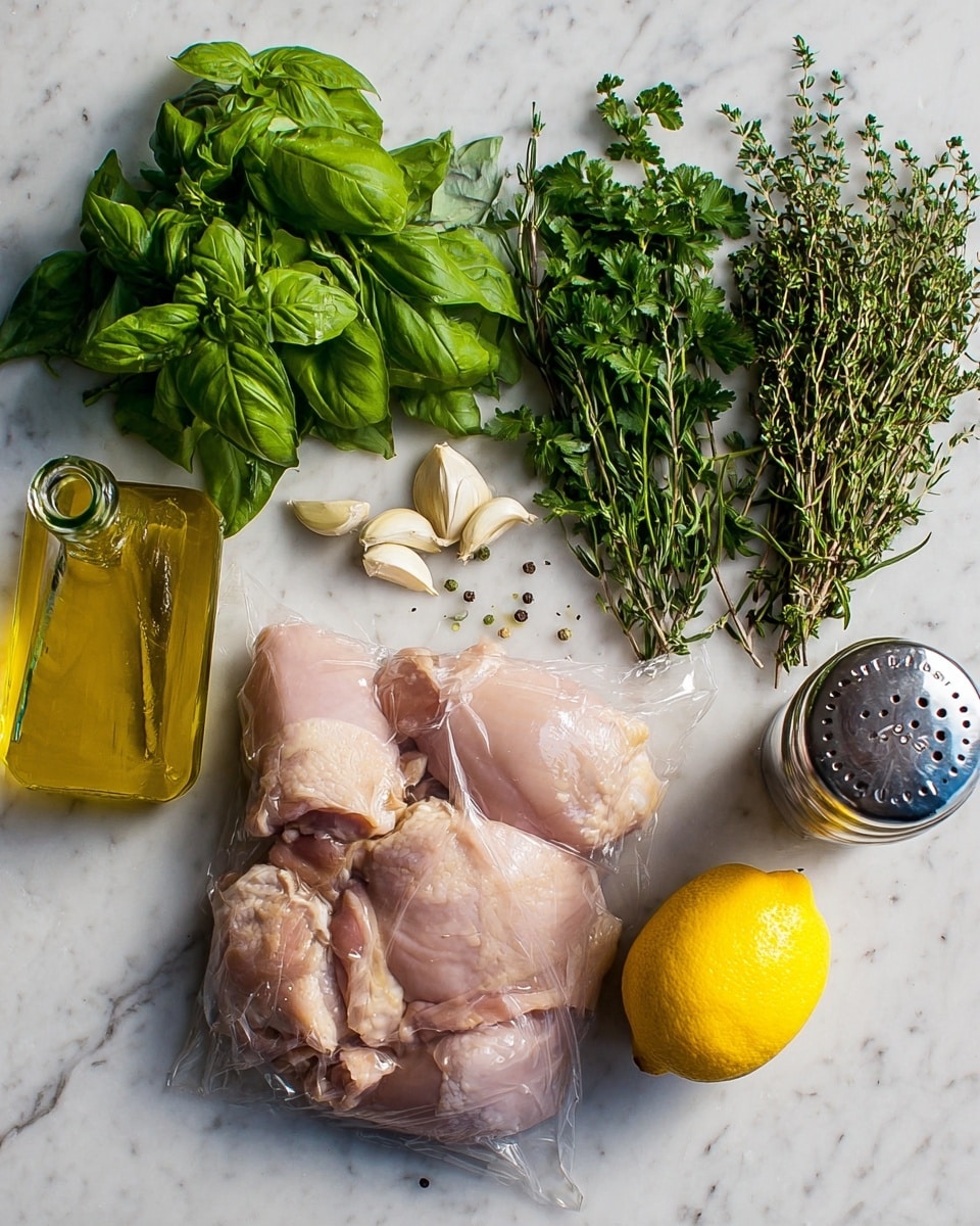 The image shows fresh ingredients arranged on a white marbled surface: a bunch of green basil leaves on the left, next to a clear glass bottle filled with yellow olive oil. Nearby are three garlic cloves scattered next to a sealed clear plastic bag holding raw pink chicken thighs with light fat patches. Above the chicken, there are bunches of fresh green parsley, rosemary, thyme, and oregano lined up horizontally. On the right side, a bright yellow lemon sits next to a clear pepper grinder filled with black peppercorns. The lighting is natural and soft, highlighting the fresh and clean look of the ingredients, photo taken with an iphone --ar 4:5 --v 7