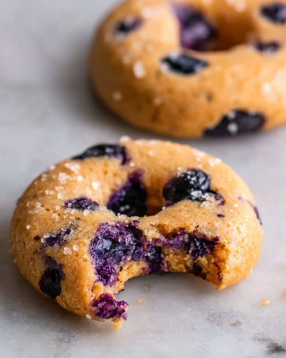 The image shows a close-up of two doughnut-shaped blueberry cookies with one in the foreground that has a bite taken out of it, revealing a soft inside with visible dark purple blueberries embedded in the light golden brown cookie dough. The cookies have a slightly rough texture and a cracked surface with sugar crystals scattered on top, resting on a white marbled surface. Photo taken with an iphone --ar 4:5 --v 7