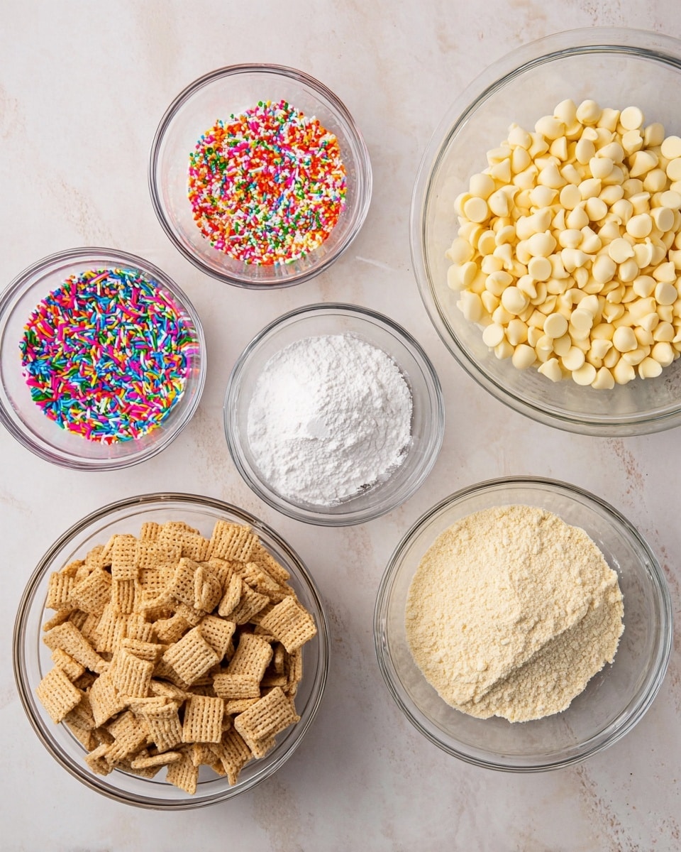 The image shows five clear glass bowls placed on a white marbled surface. The largest bowl on the bottom left is filled with light brown, square-shaped cereal pieces with a woven texture. At the top right, a large bowl contains many small, smooth, pale yellow chocolate chips. In the center, a medium bowl holds fine white powdered sugar. To the right of the center bowl is another medium bowl filled with pale yellow, finely ground powder, likely flour. At the top left, a smaller bowl contains bright, colorful round and rod-shaped sprinkles in red, orange, yellow, green, blue, pink, and white. photo taken with an iphone --ar 4:5 --v 7
