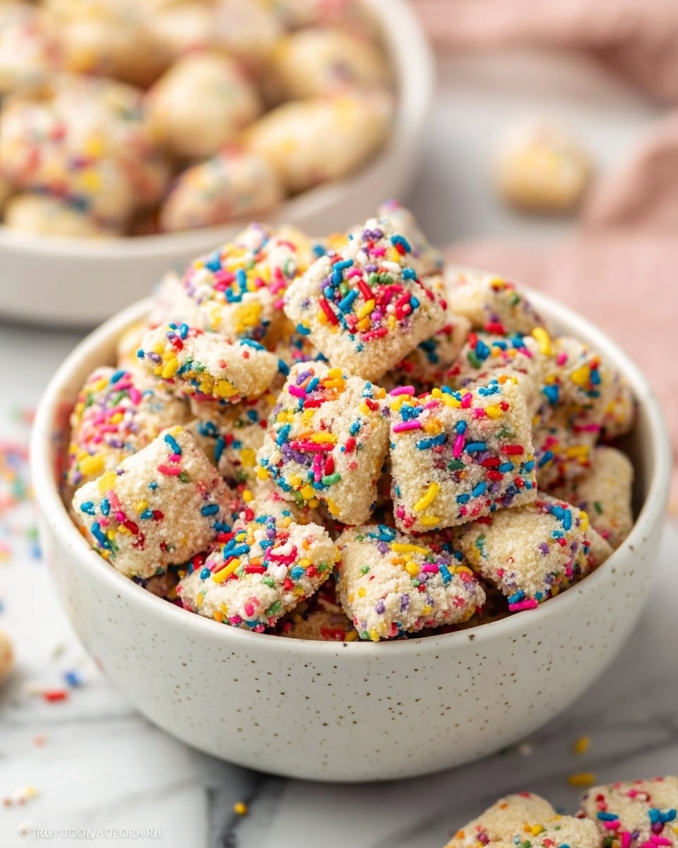 A white bowl filled with many small beige square pieces covered in tiny, colorful round and rod-shaped sprinkles in red, blue, yellow, orange, pink, green, and purple, each piece showing a rough texture. The bowl sits on a white marbled surface with another white bowl with similar contents blurred in the background. The image is close up, showing the detailed texture and colors of the pieces. Photo taken with an iphone --ar 4:5 --v 7