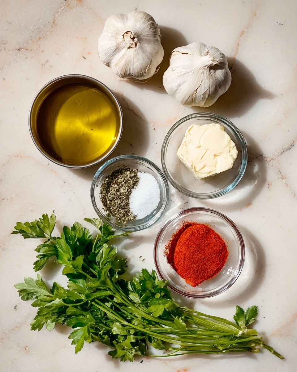 The image shows six cooking ingredients laid out on a white marbled surface: two whole garlic bulbs at the top, one metal bowl with golden olive oil on the left, a smaller metal bowl with softened butter to the right, a tiny round bowl with coarse white salt in the center, and two small clear glass bowls at the bottom, one with dried green herbs and the other with bright red paprika powder. Below the bowls and ingredients is a bunch of fresh green parsley with visible stems and leaves. The photo taken with an iphone --ar 4:5 --v 7