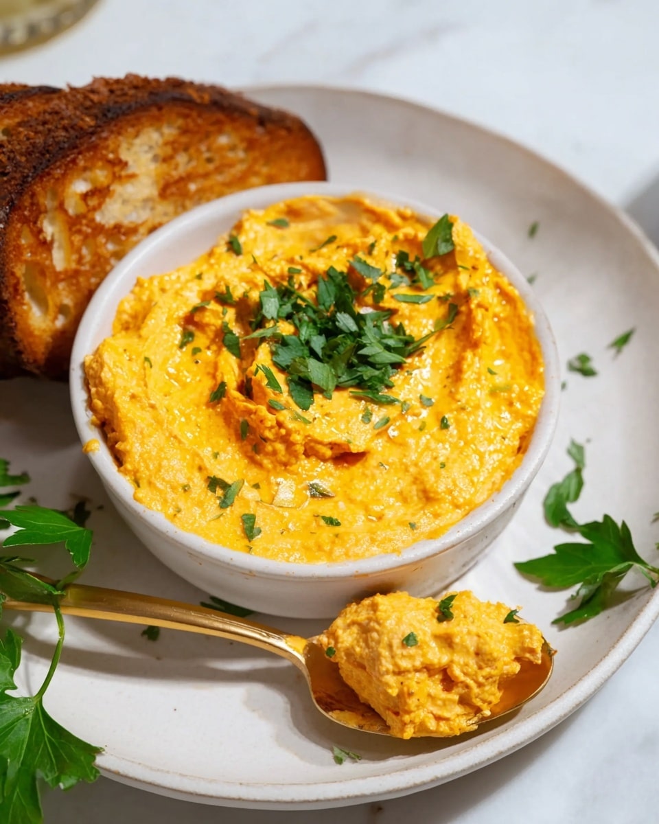 A small white bowl filled with creamy, bright orange hummus showing a thick and smooth texture with some small chunks, topped with fresh green parsley pieces in the center. A golden spoon scoops a portion of the hummus, held beside the bowl. The bowl sits on a white plate, with a piece of crisp, golden-brown toasted bread partially visible behind the bowl. Some fresh green parsley leaves lie on the white marbled surface near the plate. The overall presentation feels fresh and inviting, photo taken with an iphone --ar 4:5 --v 7