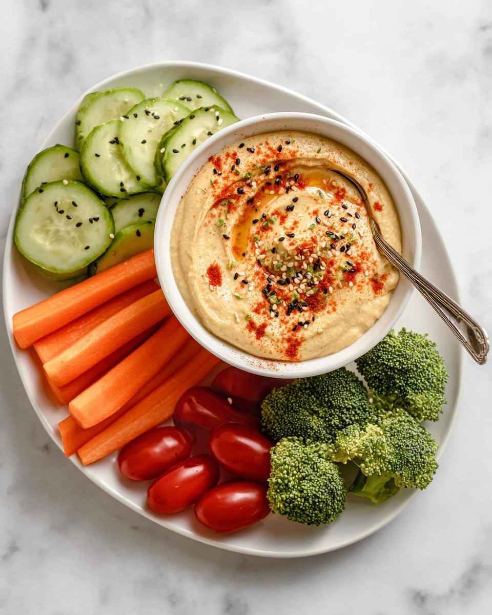 A white bowl filled with creamy beige hummus topped with thin red paprika lines and sprinkled with black and white sesame seeds and small herbs sits on a white plate. The plate is arranged with fresh vegetables around the bowl in four sections: bright green sliced cucumbers on the left, orange baby carrots below the cucumbers, shiny red grape tomatoes next to the carrots, and green broccoli florets on the right side next to the bowl. A silver spoon rests inside the bowl on the right side. The whole scene is set on a white marbled surface. photo taken with an iphone --ar 4:5 --v 7