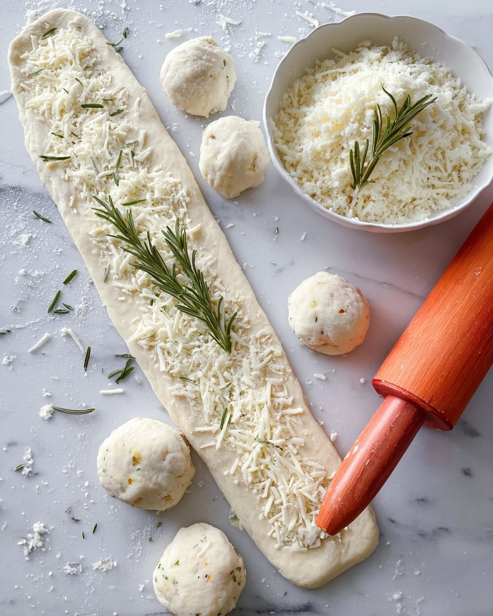 A long, flat piece of dough is laid out on a white marbled surface, with a generous layer of soft, white grated cheese spread evenly across its length. On top of the cheese, two small sprigs of fresh rosemary lie near the center. Around the dough, there are several small round dough balls, also resting on the white marbled surface. To the right, a white bowl filled with more grated white cheese, topped with one rosemary sprig, sits next to a wooden rolling pin with a red detail on the handle. Some scattered cheese crumbs are spread across the surface. photo taken with an iphone --ar 4:5 --v 7