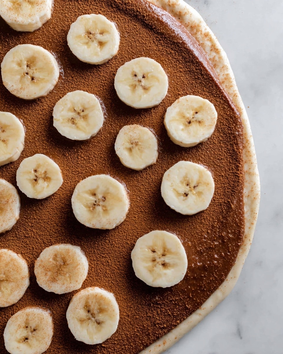 A close-up top view shows one flat layer of pale dough spread thinly, almost round in shape. On top of the dough is a thick, smooth, dark brown cinnamon spread covering almost all the dough surface, leaving just a narrow border. Scattered over the cinnamon layer are many slices of banana, each pale cream in color with a soft texture and visible seeds forming a star shape in the center. The whole setup rests on a white marbled surface. photo taken with an iphone --ar 4:5 --v 7