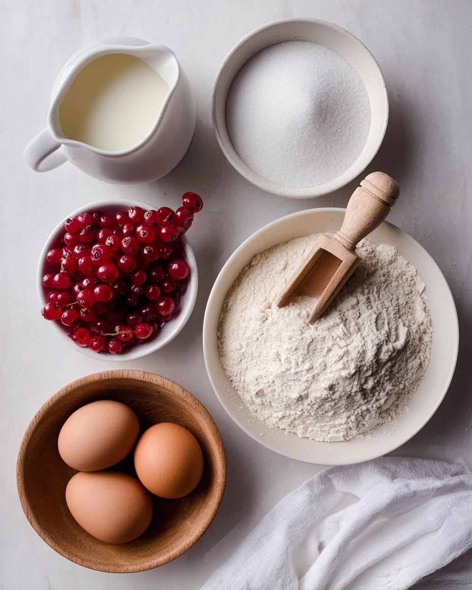 The image shows five bowls on a white marbled surface, each with different baking ingredients. In the top left is a small white pitcher filled with milk. To the right of the pitcher is a small white bowl full of white granulated sugar with a smooth texture. Below the sugar is a white bowl sitting on a white plate, filled with white flour with a light, powdery texture, and a small wooden scoop resting on top of the flour. To the left of the flour is a small white bowl containing bright red currants with a shiny, smooth surface. At the bottom left corner is a round wooden bowl holding three brown eggs with a light, matte shell texture. A white cloth sits at the bottom right corner. Photo taken with an iphone --ar 4:5 --v 7