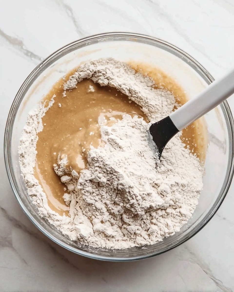 A clear glass bowl placed on a white marbled surface holds a mixture of dry and wet ingredients. The wet layer is light brown and smooth, surrounding the thick white flour powder that is being stirred with a black and white spoon. The spoon is partially submerged, blending the two layers near the bowl's center. The flour layer sits on top and edges around the wetter part, creating a contrast of textures and colors in the bowl photo taken with an iphone --ar 4:5 --v 7