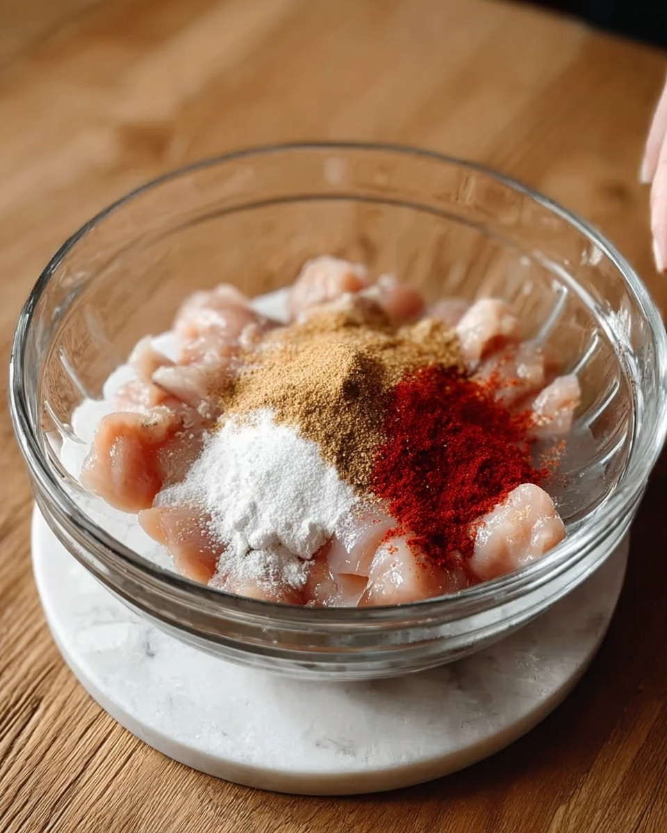A clear glass bowl contains small, pale pink chicken pieces at the bottom, with three distinct piles of powdery spices layered evenly on top: white salt powder in the center, light brown powder on the left, and bright red powder on the right. The bowl sits on a white marbled surface, and a woman's hand holds the bowl from the left side. The background shows a wooden surface. photo taken with an iphone --ar 4:5 --v 7