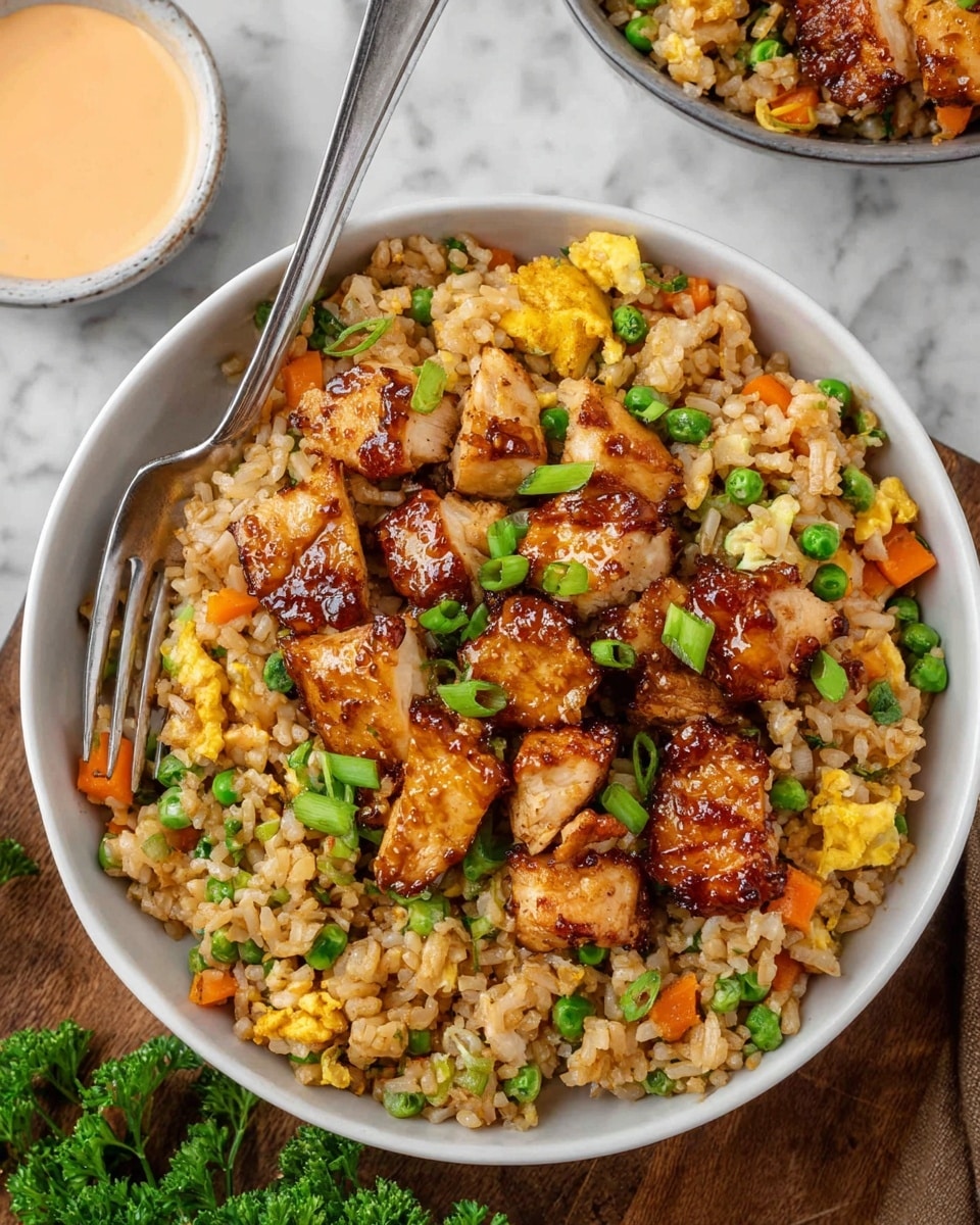 A white bowl filled with two main layers: the base layer is light brown fried rice mixed with small, soft-looking green peas and orange carrot cubes, along with small bits of scrambled eggs scattered throughout; on top are medium-sized pieces of cooked chicken with a shiny, glazed brown surface that looks slightly crispy. Green chopped onions are sprinkled over the dish, adding a fresh pop of color. To the left of the bowl is a silver fork resting inside it, and a small bowl with a light orange creamy sauce is partially visible. The setting is on a white marbled surface, with some green parsley in the background. photo taken with an iphone --ar 4:5 --v 7