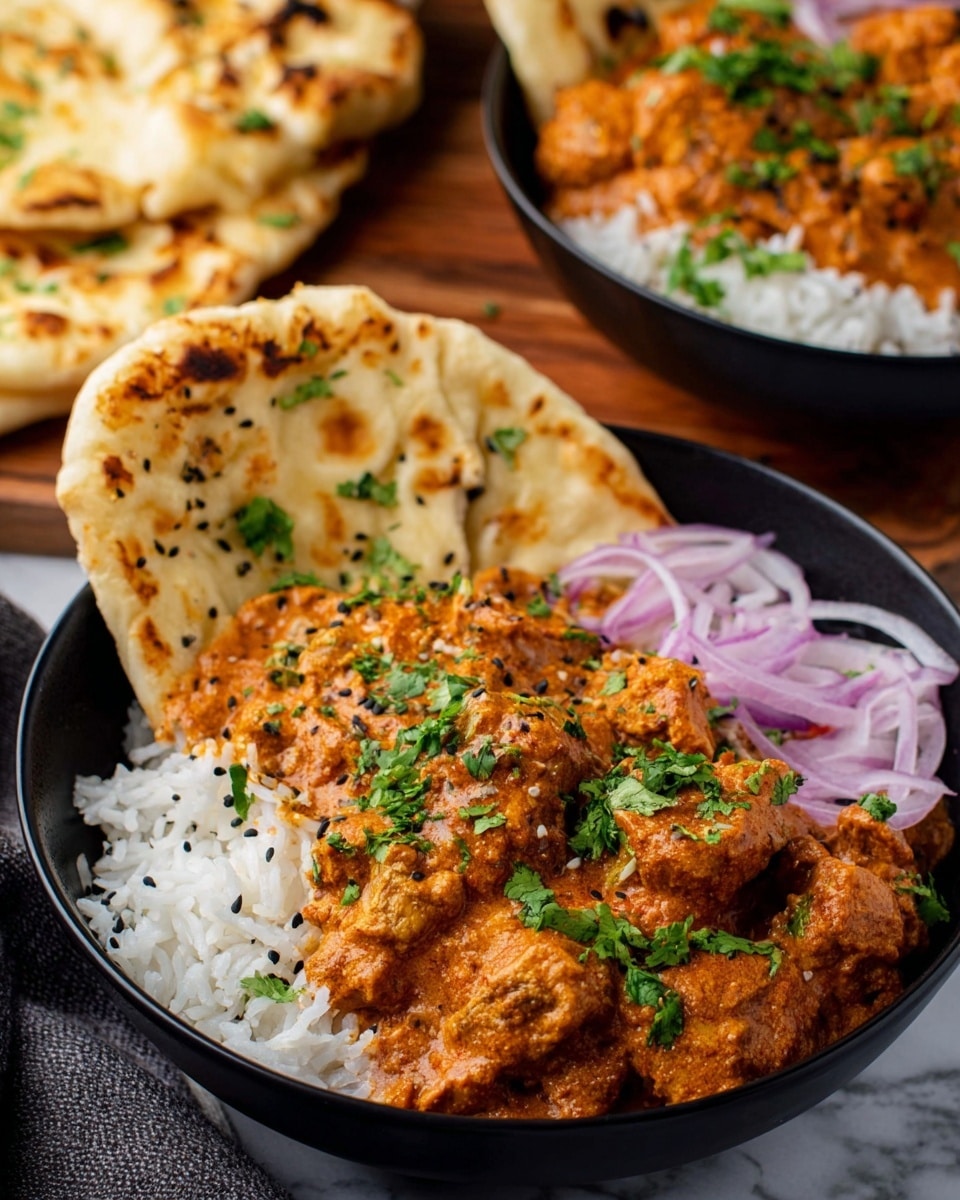 A black bowl holds three layers: white fluffy rice at the bottom, topped with thick orange-brown curry chunks, garnished with chopped green cilantro and scattered black seeds. On one side, thin slices of purple onion rest on the rice. A piece of toasted white naan bread with golden brown spots leans against the bowl's edge. Another black bowl with the same dish is blurred in the background, placed on a white marbled surface, with a wooden board holding more naan on the side, giving a cozy meal feel. Photo taken with an iphone --ar 4:5 --v 7