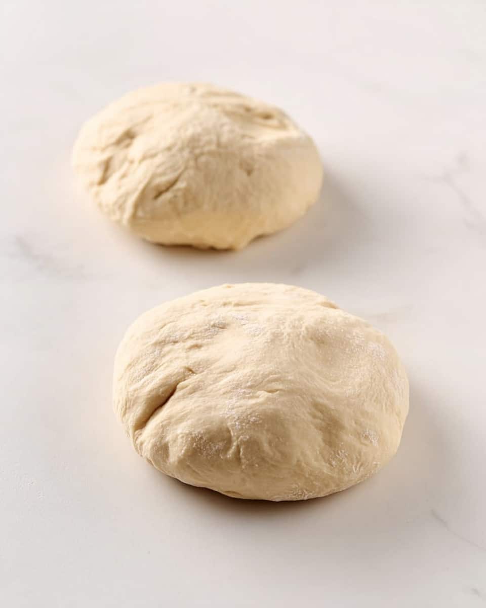 Two pieces of raw dough are placed on a white marbled surface. Each dough piece is rounded with a slightly flattened shape, showing a smooth yet textured surface with small folds and creases. The dough color is pale beige, soft and fresh looking, with gentle shadows beneath giving a slight depth to the scene. Photo taken with an iphone --ar 4:5 --v 7