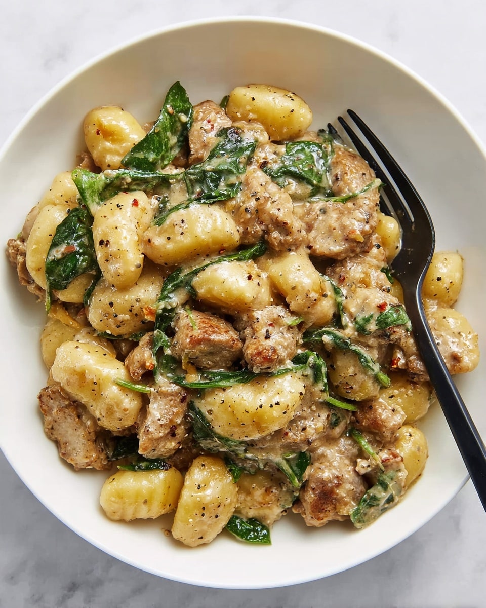 A white bowl filled with creamy gnocchi mixed with browned pieces of meat and wilted green spinach leaves. The gnocchi are pale yellow with a smooth, soft texture, while the meat pieces are golden brown and slightly crisp on the edges. The whole dish is coated in a rich, light brown sauce speckled with black pepper. A black fork rests on the side of the bowl, which sits on a white marbled surface. photo taken with an iphone --ar 4:5 --v 7