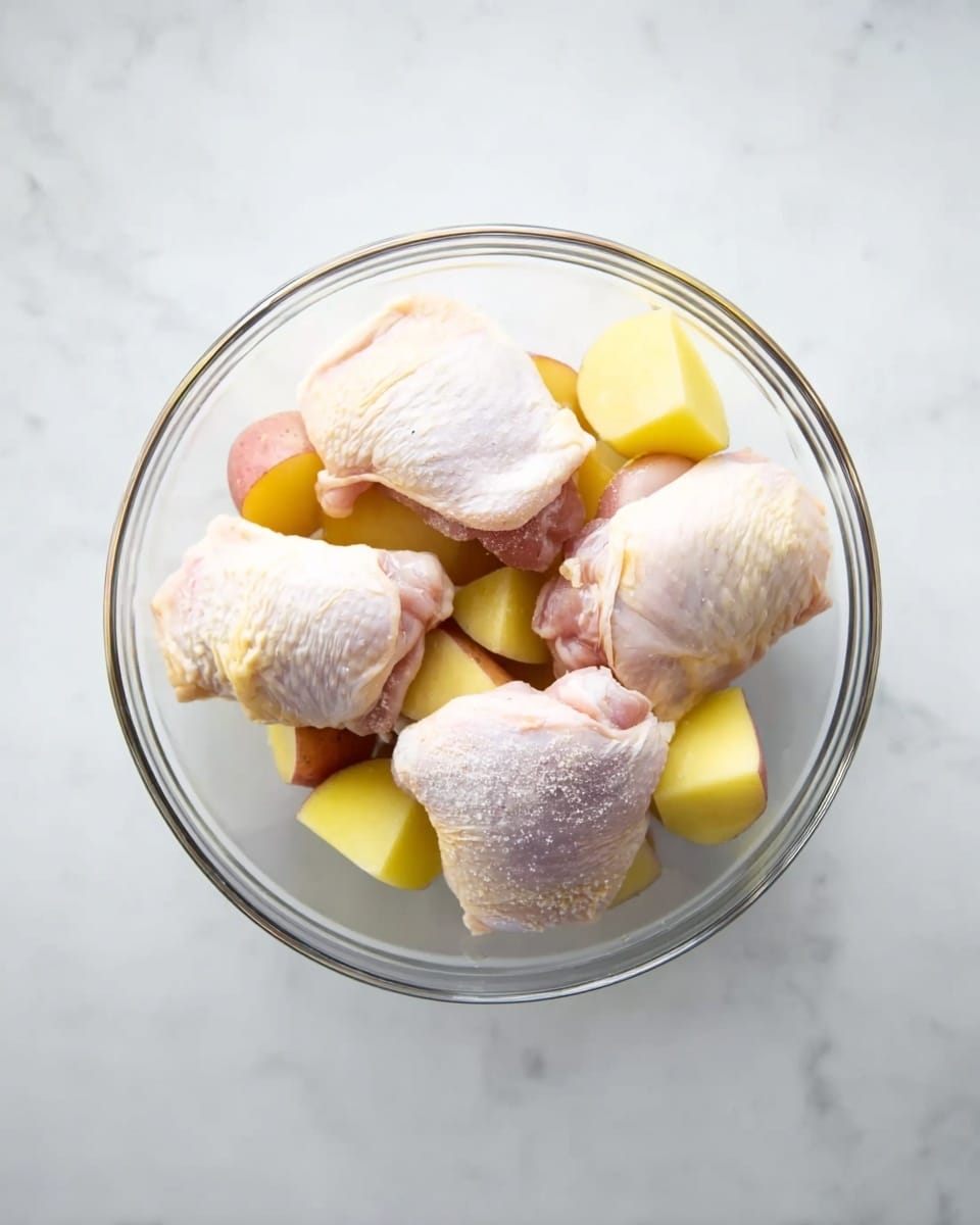 A clear glass bowl sits on a white marbled surface. Inside the bowl, there are four raw chicken pieces placed on top of several large chunks of yellow and red potatoes. The chicken pieces have a pale pink color with a light dusting of white seasoning on their surface. The potatoes' textures are smooth with the skin partially visible, showing their round and irregular shapes. The bowl is seen from above, clearly showing all its contents. photo taken with an iphone --ar 4:5 --v 7