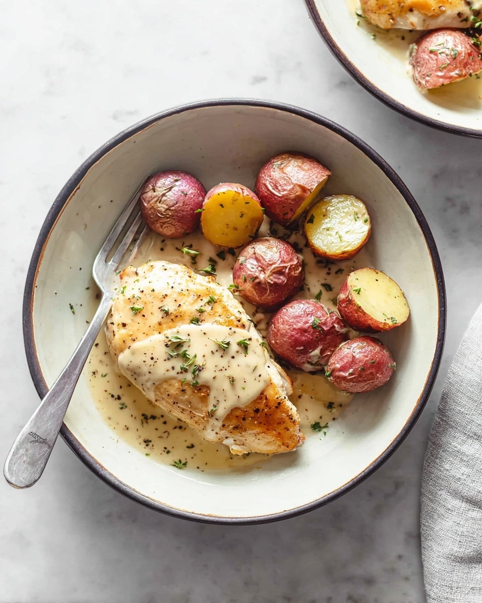 A white bowl with a dark rim holds a meal of one golden brown cooked chicken piece on the left side, topped with a creamy light beige sauce with black pepper and green herb bits. On the right side, there are round roasted baby potatoes in shades of reddish purple and light brown, some cut in half showing a soft yellow inside, also covered lightly with the same creamy sauce. A silver fork rests inside the bowl, placed diagonally behind the chicken on a white marbled surface. Another similar bowl with the same food is partially visible in the top right corner. Photo taken with an iphone --ar 4:5 --v 7