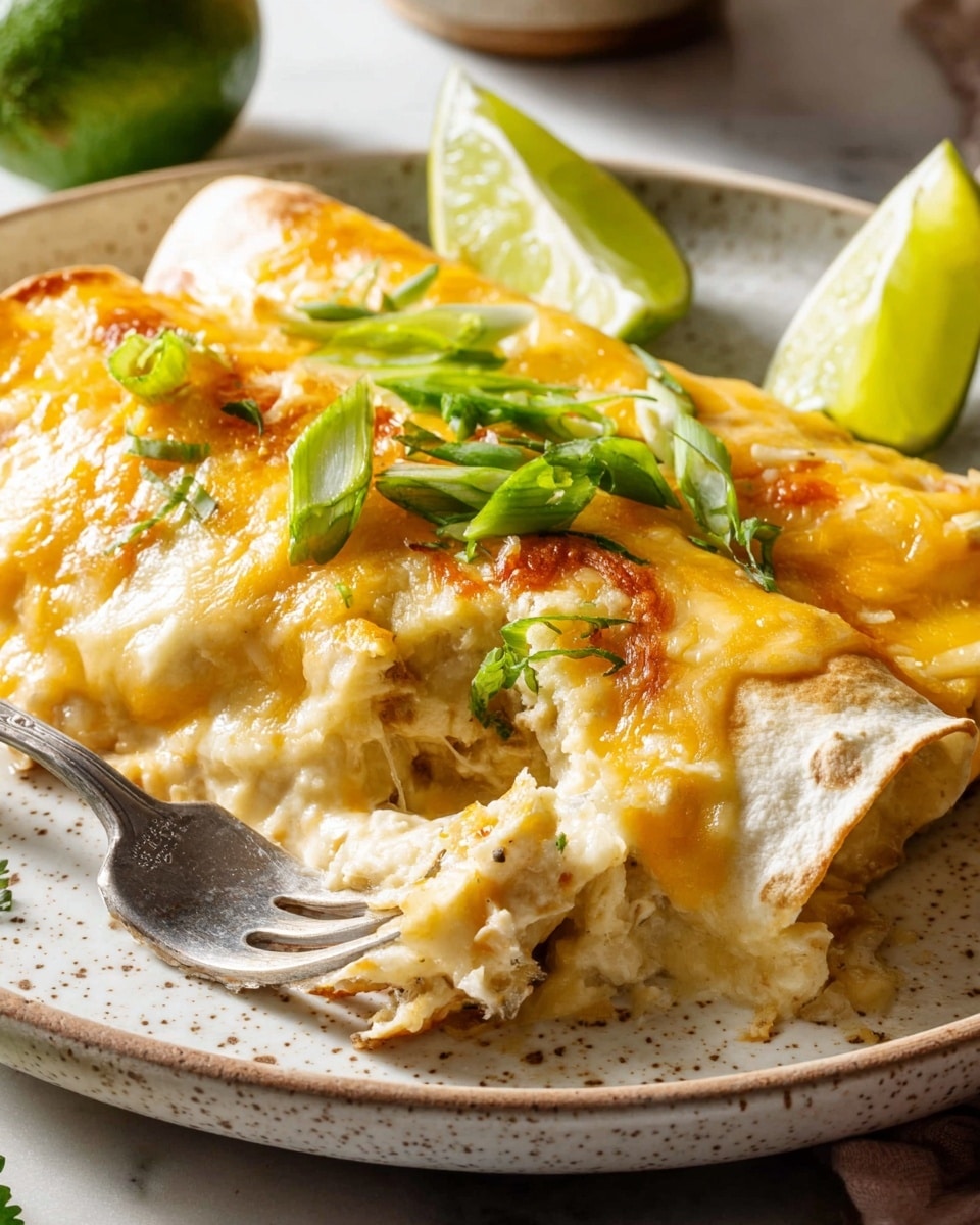 A close-up of two enchiladas layered on a white speckled plate set on a white marbled surface. The bottom layer is a soft, light beige tortilla, folded around a creamy, light filling. On top, there is melted yellow and light brown cheese that covers the enchiladas with a slightly browned texture. Bright green sliced scallions are sprinkled on top, adding color contrast. In the background, there are two lime wedges with a fresh greenish-yellow hue. A shiny silver fork holds a piece of the enchilada, showing the soft layers inside. Photo taken with an iphone --ar 4:5 --v 7