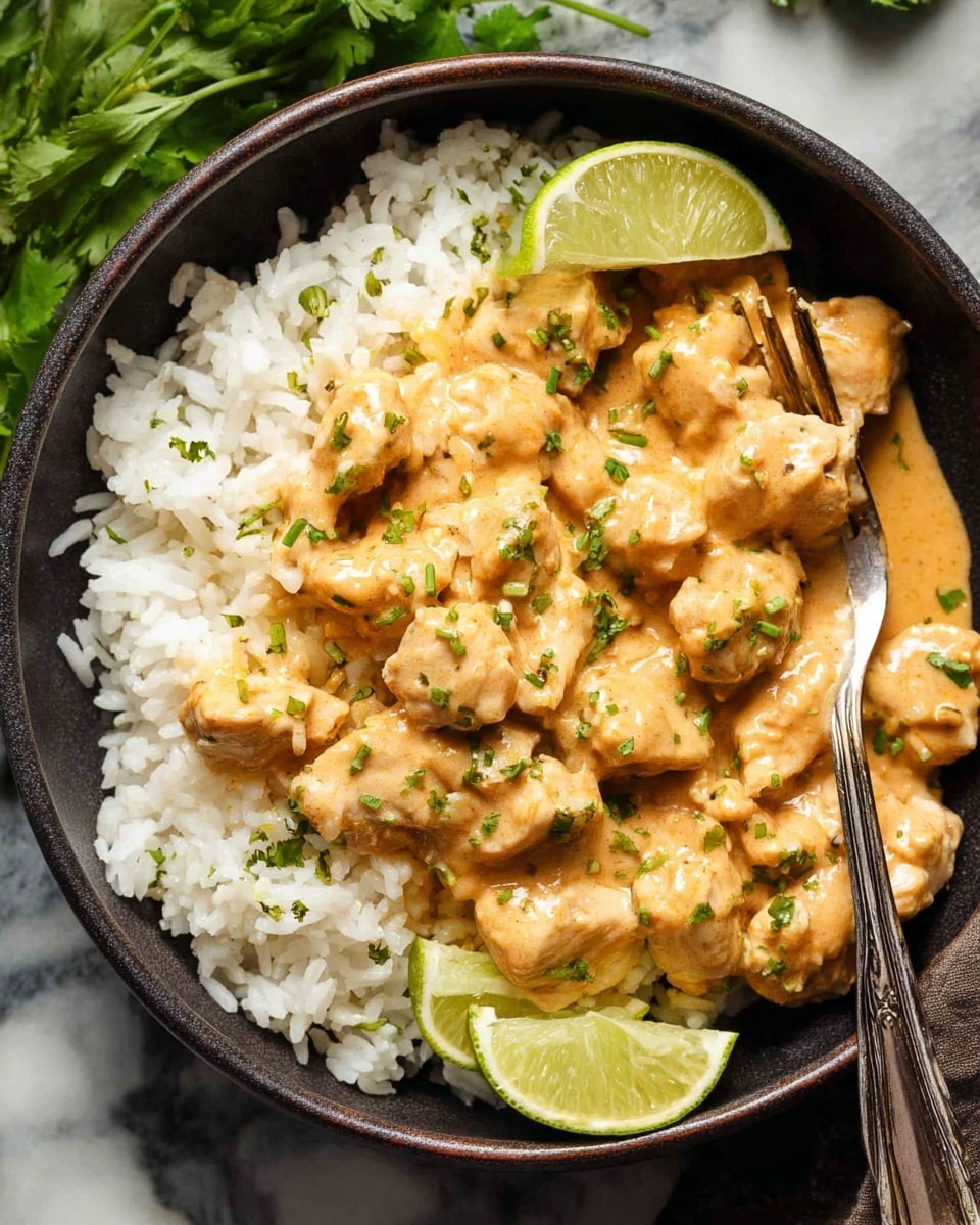 A dark bowl filled with a bed of white, fluffy rice forming the bottom layer, topped with chunks of tender, light brown chicken pieces covered in a thick, creamy orange sauce spread evenly across the chicken. Small bright green bits of herbs are sprinkled on top, adding contrast. Two slices of fresh green lime rest on the rice near the edge of the bowl. A fork rests in the bowl with some sauce on it. The bowl sits on a white marbled surface with hints of green leafy garnish nearby. Photo taken with an iphone --ar 4:5 --v 7