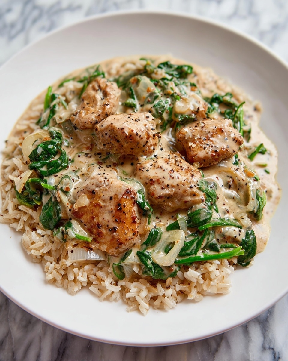 A white plate holds a layer of cooked light brown rice at the bottom, topped with a creamy sauce that covers several pieces of browned cooked chicken. Mixed into the sauce are wilted dark green spinach leaves and small pieces of translucent cooked onions. The sauce is speckled with black pepper, giving it a textured look. The chicken pieces are thick and browned on the outside, sitting on top of the rice and sauce layers. The plate is set on a white marbled surface. photo taken with an iphone --ar 4:5 --v 7