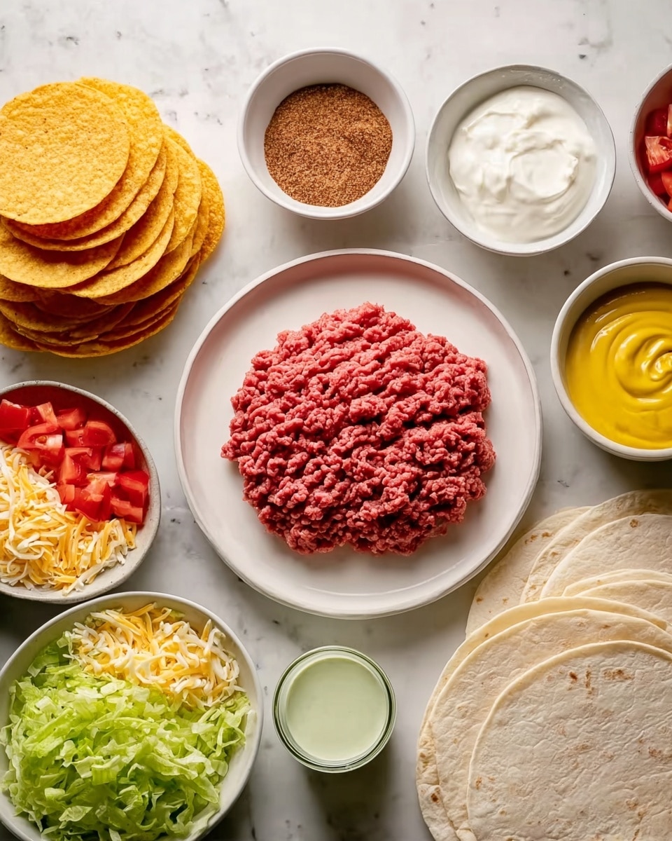 The image shows a white plate with raw ground beef placed neatly in the center. Around the plate, there are bowls arranged on a white marbled surface. Clockwise from the top left, there are round crispy tortilla chips stacked loosely, a bowl with a brown spice mix, and an empty white bowl. On the right side, there are soft white flour tortillas stacked in an overlapping manner. Below that, a small bowl contains bright yellow creamy sauce. To the left of the sauce, another bowl holds fresh chopped lettuce. Above the lettuce, a bowl is filled with chopped red tomatoes, and next to it is a small bowl with white sour cream. Above the sour cream, a bowl holds a mix of shredded yellow and white cheese. A small container with light green sauce sits at the bottom center. The composition is bright and clean, with clear details of each ingredient visible. Photo taken with an iphone --ar 4:5 --v 7