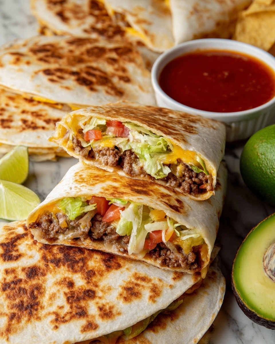 This image shows two folded quesadillas sliced in half and stacked, revealing layers inside that include light beige tortilla with golden brown toasted marks outside, ground beef, melted yellow cheese, shredded lettuce in green tones, and small red tomato pieces. They are placed on top of several whole, round quesadillas with golden to dark brown toasted spots. Around the quesadillas, there is a white bowl of red sauce, a few white tortilla chips, a halved avocado with light green flesh, and a lime wedge with a bright green skin. The background features a white marbled surface. Photo taken with an iphone --ar 4:5 --v 7