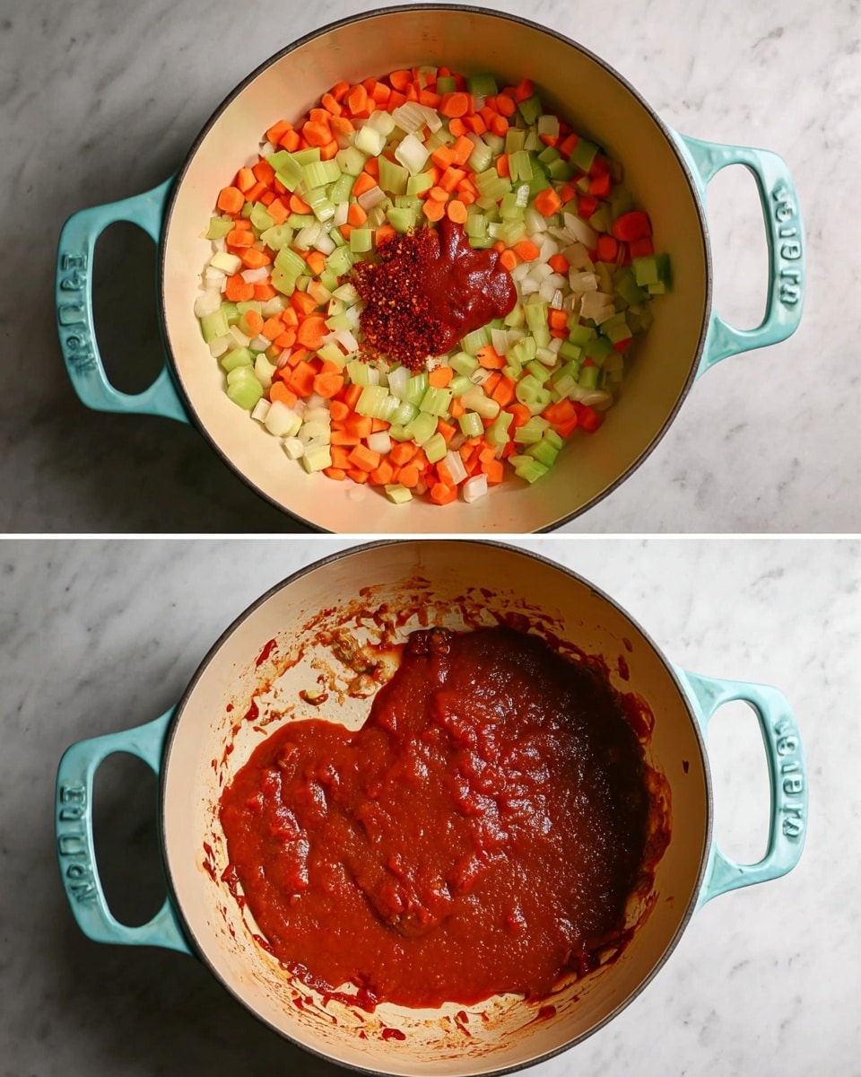 Two images show a light blue cooking pot with two handles on a white marbled surface. In the first image, inside the pot, there is a layer of chopped vegetables including orange carrots, light green celery, and white onion pieces scattered mostly around the edges. In the center, there is a dollop of thick, smooth, dark red tomato paste with a small sprinkle of crushed red pepper flakes to one side. In the second image, the same vegetables are slightly browned and spread unevenly over the pot’s bottom, with a much larger pool of smooth tomato sauce covering the center and slightly spreading to the edges, showing a rich, deep red color and glossy texture. The pot’s inside is cream colored with some staining from cooking. photo taken with an iphone --ar 4:5 --v 7