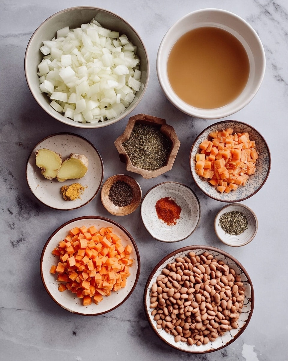 In this image, multiple white bowls and plates hold different ingredients placed on a white marbled texture. One white bowl is filled with diced white onions, another white bowl holds a light brown liquid. A small brown wooden dish contains chopped garlic. A white plate with a brown rim is filled with chopped orange carrots. Another white bowl contains pieces of peeled ginger root. A white dish shows a variety of spices including ground paprika, salt, crushed red pepper, ground cumin, dried thyme, and black pepper. A plate full of brown beans completes the arrangement. The photo is taken with an iphone --ar 4:5 --v 7