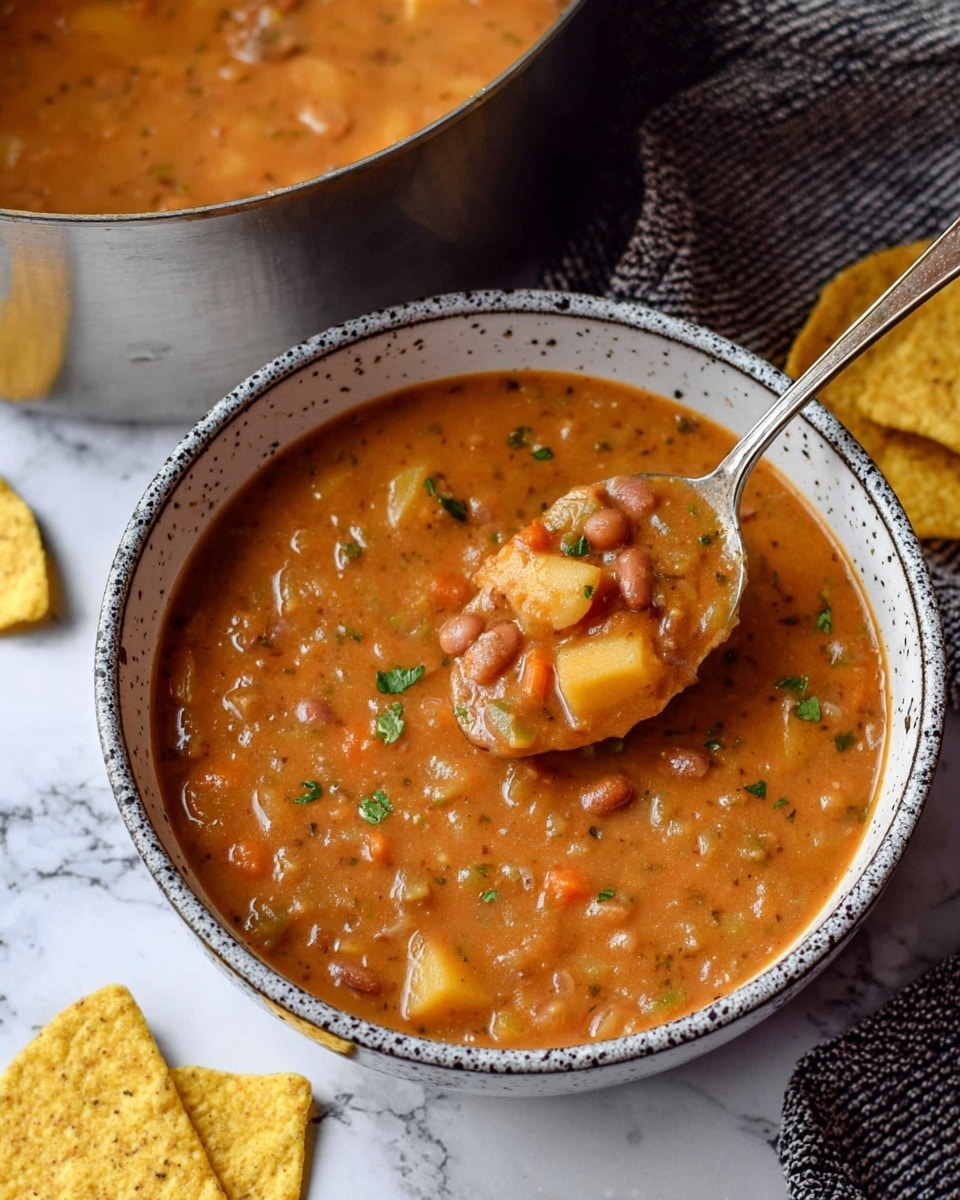 The image shows a bowl of thick soup with chunks of beans, potatoes, and small bits of green herbs mixed in, giving it a textured look with orange and light brown colors. The soup is served in a white bowl with a speckled gray rim, sitting on a white marbled surface. There is a silver spoon inside the bowl holding some of the soup, and a yellow corn chip is placed on the edge of the bowl. A few more yellow corn chips are scattered near the bowl, and a large metal pot with more soup is partially visible in the background. Photo taken with an iphone --ar 4:5 --v 7