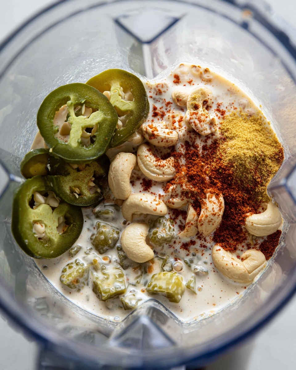 Nacho Cashew Cheese Sauce Recipe 4 Inside a blender, there are multiple layers of ingredients starting from the bottom with small pieces of chunky green pickles and a thin layer of white creamy liquid. Above that, there are whole cashew nuts scattered around with a light coating of white creamy liquid. To one side, there are thick slices of green jalapeño peppers with visible seeds inside. On top of the cashews and jalapeños, there is a dusting of red paprika-like spice along with a yellowish powdery spice. The inside of the blender is clear, showing all the textures and colors clearly. The photo is taken with an iphone --ar 4:5 --v 7