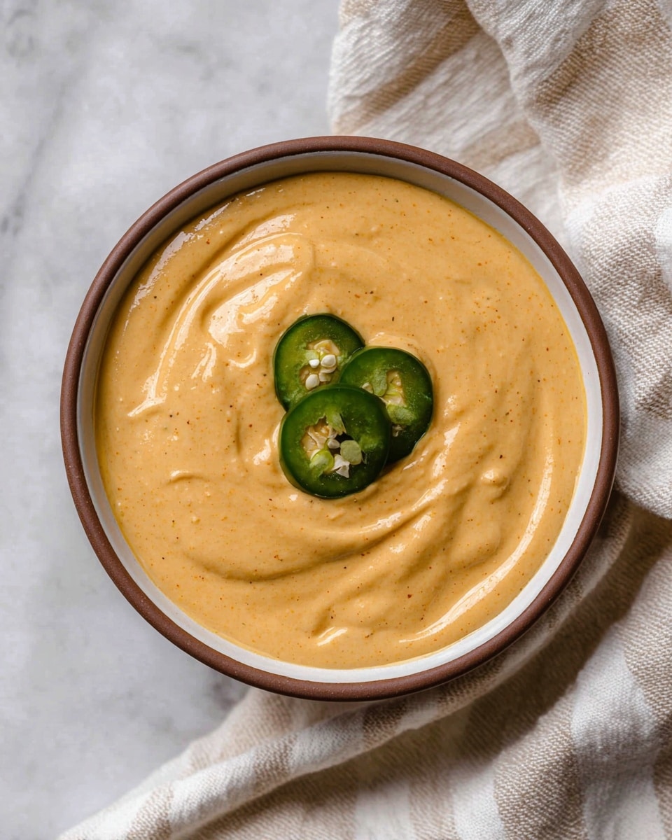 A single round bowl filled with a smooth, thick light orange sauce that has soft swirls and a creamy texture, topped at the center with three thin green jalapeño slices. The bowl is white on the inside with a brown outer rim, placed on a white marbled texture surface, next to a beige and white striped cloth. Photo taken with an iphone --ar 4:5 --v 7
