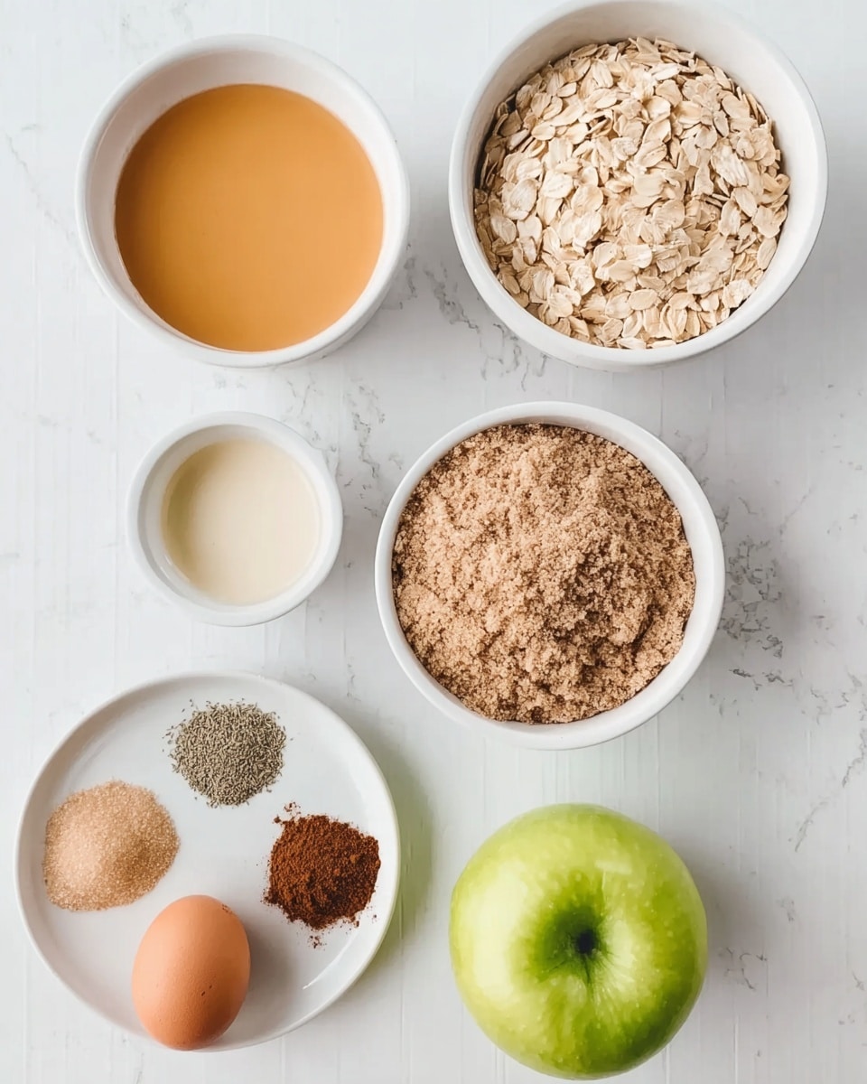 The image shows a white marbled surface with six white bowls and one green apple arranged in a loose circle. Starting from the top left, the first bowl contains a light orange liquid, smooth in texture. To the right, a white bowl is filled with dry rolled oats, light beige and rough in texture, filling the bowl to the top. Below that, another white bowl holds light brown sugar, finely granulated but clumped slightly. Moving left, a small white cup contains a pale creamy liquid. To the bottom left, a small white plate holds three different spices: a reddish-brown powder, a light gray powder, and a dark brown powder, each in small piles. Above the plate, a white bowl contains two brown eggs with smooth shells. Lastly, a fresh green apple sits between the bowls, showing a smooth and shiny surface. Photo taken with an iphone --ar 4:5 --v 7