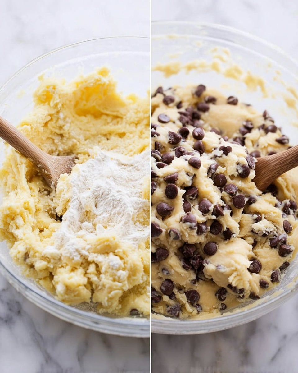 The image shows two close-up views of cookie dough being mixed in a clear glass bowl on a white marbled surface. On the left, the dough is pale yellow and lumpy with visible white flour on top, and a wooden spoon is partially seen stirring it. On the right, the dough is smoother and thicker with many dark brown chocolate chips scattered and partly mixed in, with the same wooden spoon standing in the middle of the bowl. photo taken with an iphone --ar 4:5 --v 7