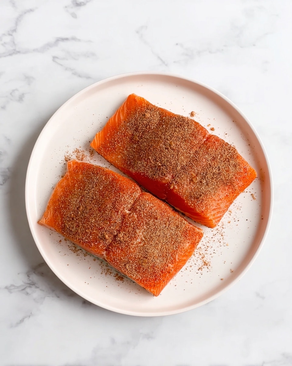 Two rectangular salmon fillets with a smooth, bright orange color are placed side by side on a white plate. Each fillet is covered evenly with a coarse, brown seasoning mix that contrasts with the vibrant salmon underneath. The plate rests on a white marbled surface, adding a clean and fresh background to the image. photo taken with an iphone --ar 4:5 --v 7