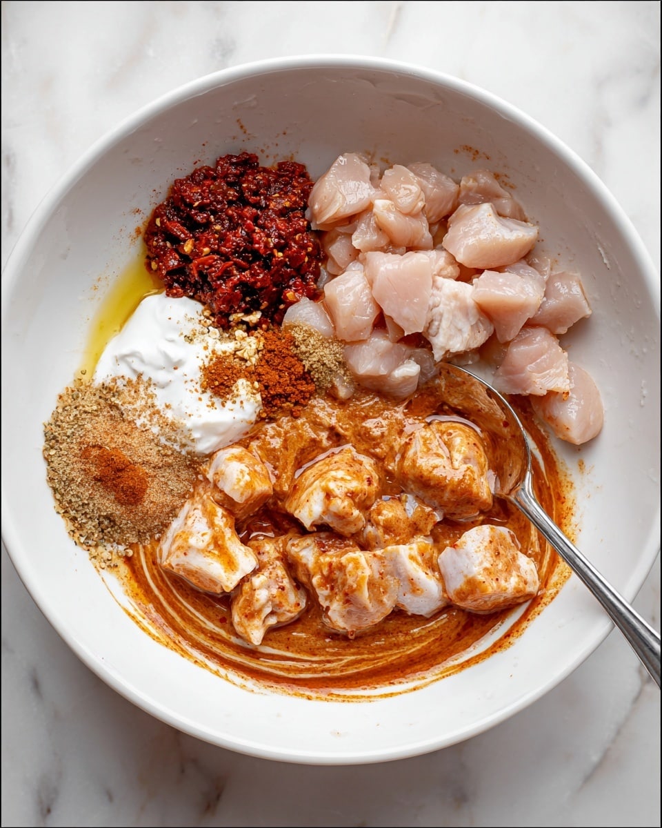 A white bowl sits on a white marbled background. In the first stage, it contains multiple layers of ingredients: red chili paste with a dark red color, a pool of golden yellow oil, white thick yogurt, finely chopped pale garlic, dark brown dried spices, and a sprinkle of light brown powder. In the second stage, these ingredients are mixed into a smooth, thick sauce with a swirled texture and a rich, reddish-brown color. In the third stage, raw, cubed pale pink chicken pieces are added on top of the sauce. In the fourth stage, the chicken pieces are fully coated in the thick reddish-brown sauce with visible swirls; a silver spoon is resting in the bowl. Photo taken with an iphone --ar 4:5 --v 7