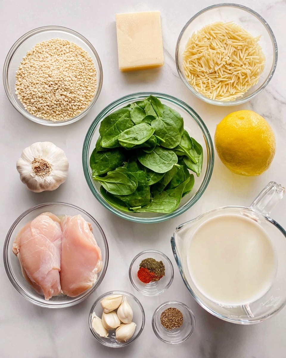 The image shows a top view of several clear glass bowls and a measuring cup arranged neatly on a white marbled surface. One bowl holds two raw pale pink pieces of chicken placed on a small piece of white butter at the bottom. Another bowl contains fresh, bright green spinach leaves, full and slightly shiny. A third bowl is filled with dry, light beige orzo pasta. A block of light yellow Parmesan cheese sits next to the orzo. There is a measuring cup with white milk and another large measuring cup with pale beige chicken broth. Nearby, three peeled white garlic cloves and a small clear bowl with different spices in red, brown, and beige tones are lined up. A clear glass bottle filled with golden olive oil is next to a whole bright yellow lemon. photo taken with an iphone --ar 4:5 --v 7