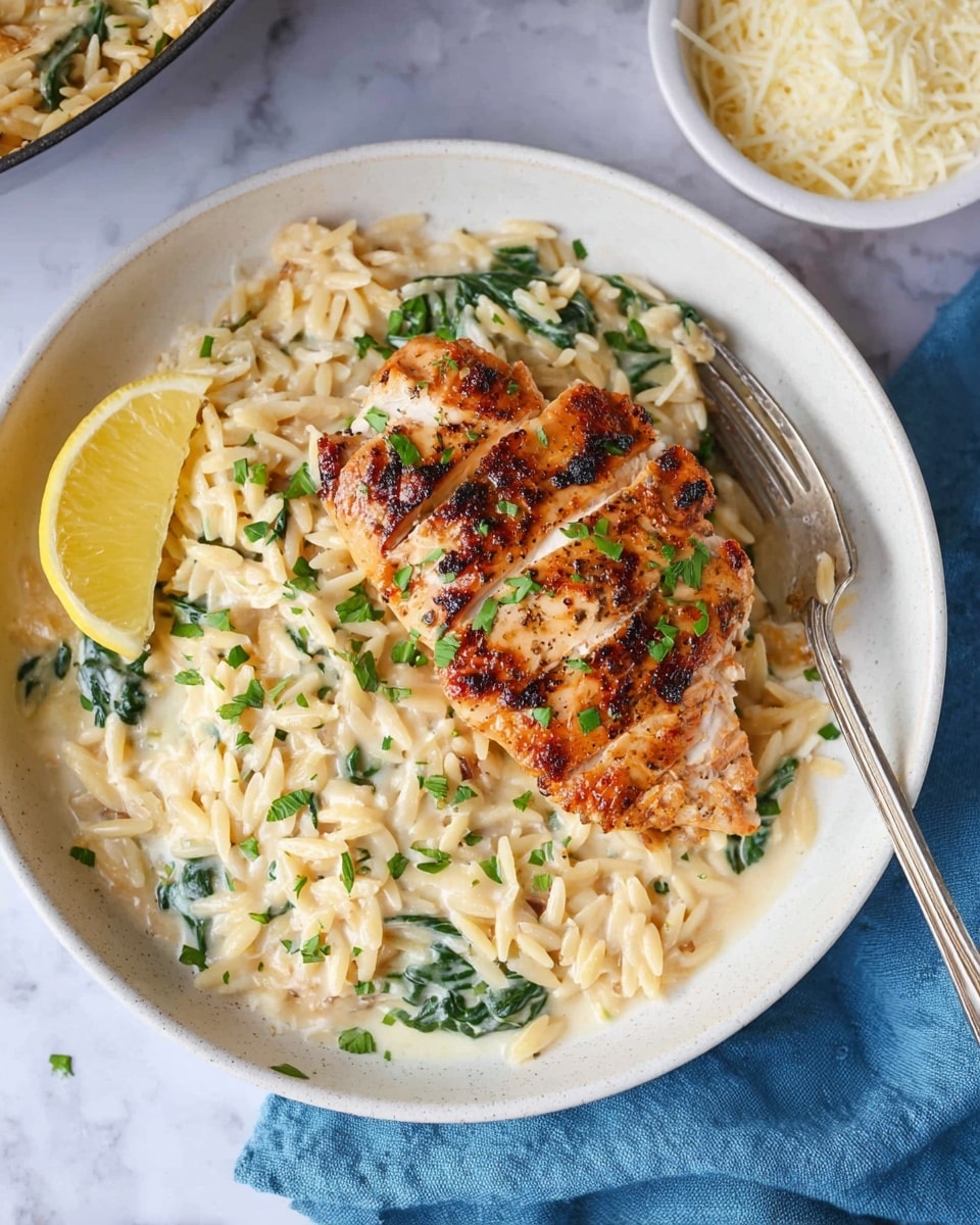 The dish shows a single grilled chicken piece with a golden brown crust on top of a bed of creamy orzo pasta mixed with green spinach leaves. The orzo is light beige and creamy, spread evenly across the white plate. A wedge of lemon rests on the front side of the chicken, adding a touch of yellow and freshness. Small bits of green herbs are sprinkled on the chicken and pasta, adding color contrast. A fork with orzo is placed partially inside the plate on the right side. The plate sits on a white marbled surface with a blue cloth napkin beneath its left edge. In the background, a white bowl filled with finely grated cheese is visible. Photo taken with an iphone --ar 4:5 --v 7