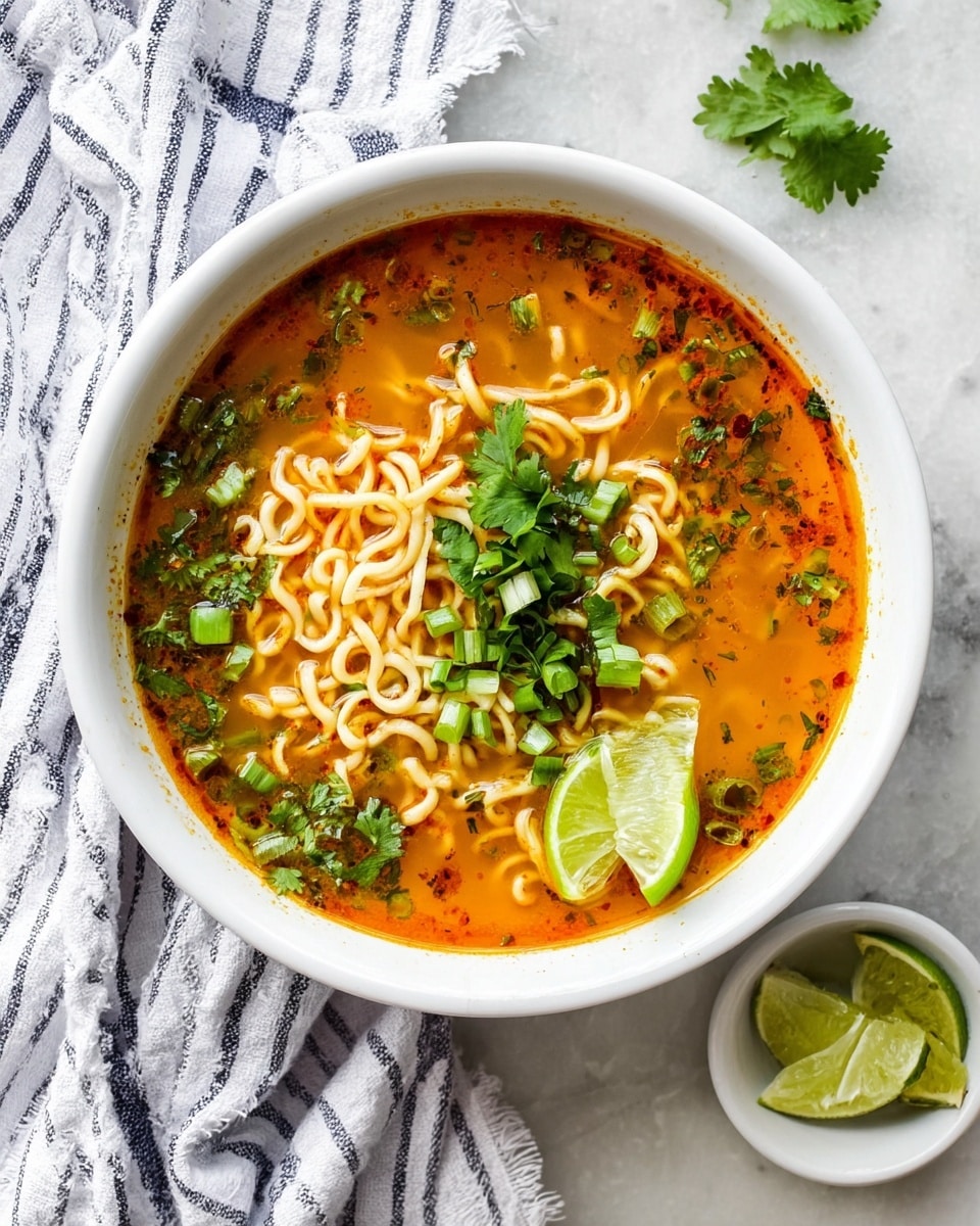 A white bowl sits on a white marbled surface filled with a rich orange broth, with visible herbs and spices floating within. Nestled in the broth are soft, curly noodles forming two main clumps toward the center and left side. Bright green cilantro leaves and chopped green onions are scattered on top of the noodles, adding fresh green highlights. A lime wedge rests on the right side inside the bowl, with another wedge partially submerged on the lower left. A white cloth with blue stripes is placed near the top of the frame and a small white dish with extra lime wedges is at the bottom right. The photo was taken with an iphone --ar 4:5 --v 7